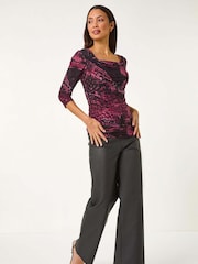Roman Pink Printed Cowl Neck Stretch Top - Image 2 of 5
