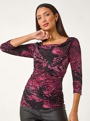 Roman Pink Printed Cowl Neck Stretch Top - Image 4 of 5