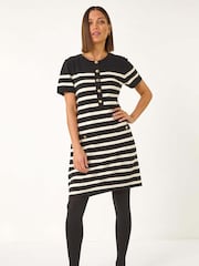 Preto - Roman Stripe de evasê com botões e listras Dress - Imagem 1 de 5
