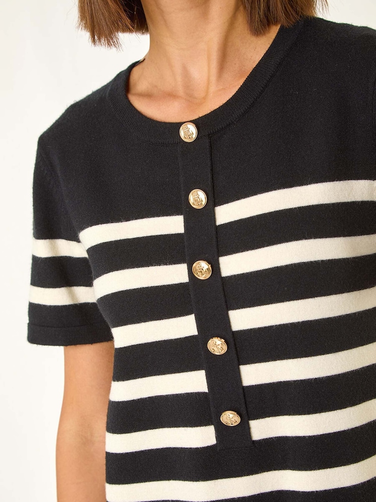 Preto - Roman Stripe de evasê com botões e listras Dress - Imagem 5 de 5