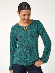 Roman Blue Printed Tie Neck Top - Image 1 of 5