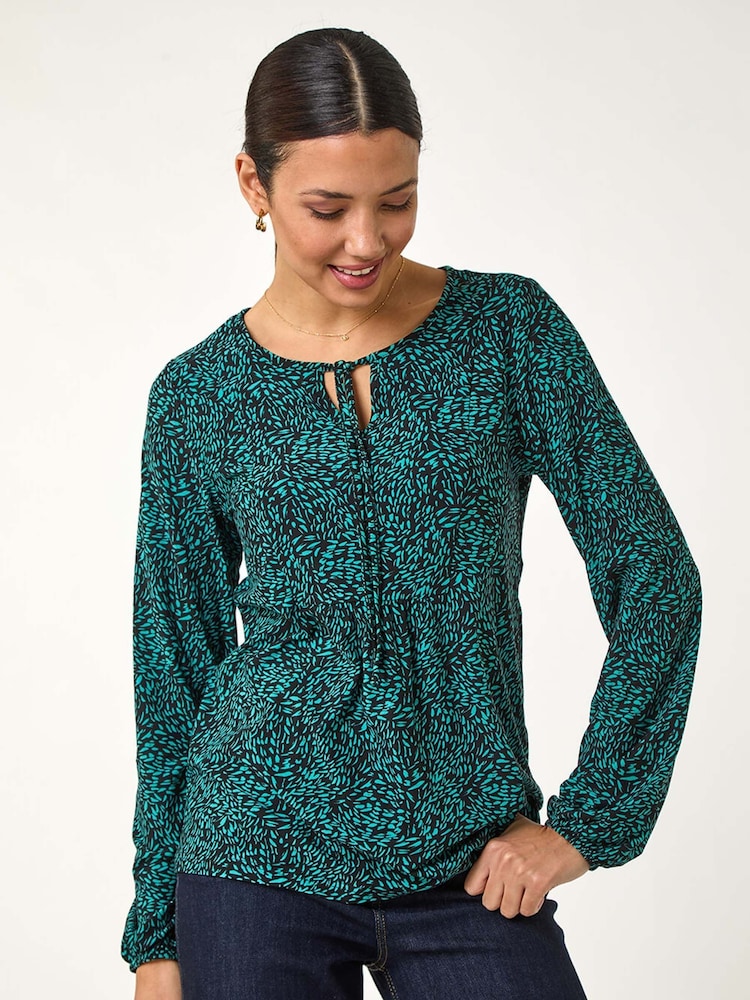 Roman Blue Printed Tie Neck Top - Image 1 of 5