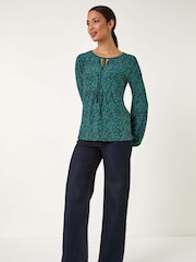 Roman Blue Printed Tie Neck Top - Image 2 of 5