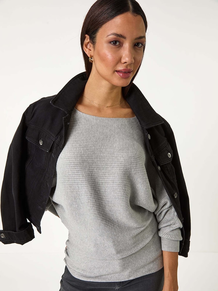 Roman Grey Ribbed Batwing Knit Jumper - Image 1 of 5 Roman Grey Ribbed Batwing Knit Jumper - Image 1 of 5