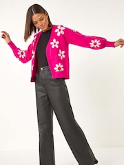 Roman Pink Floral Print Jacquard Knit Cardigan - Image 3 of 5