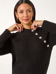 Roman Black Textured Buttoned Neck Knit Jumper - Image 1 of 5