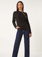 Roman Black Textured Buttoned Neck Knit Jumper - Image 2 of 5