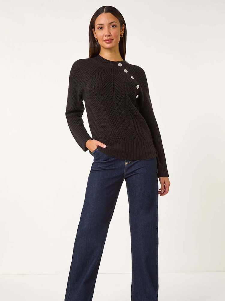 Roman Black Textured Buttoned Neck Knit Jumper - Image 2 of 5