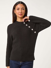 Roman Black Textured Buttoned Neck Knit Jumper - Image 4 of 5