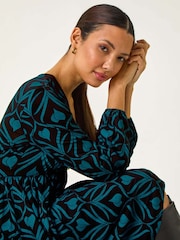 Roman Blue Geo Print Button Detail Stretch Dress - Image 1 of 5