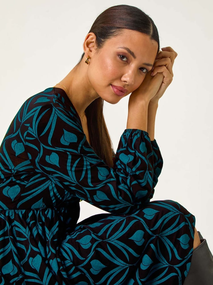 Roman Blue Geo Print Button Detail Stretch Dress - Image 1 of 5