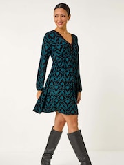 Roman Blue Geo Print Button Detail Stretch Dress - Image 2 of 5