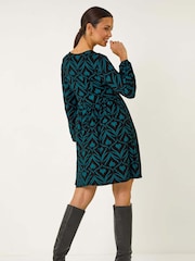 Roman Blue Geo Print Button Detail Stretch Dress - Image 3 of 5