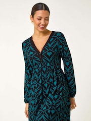 Roman Blue Geo Print Button Detail Stretch Dress - Image 4 of 5