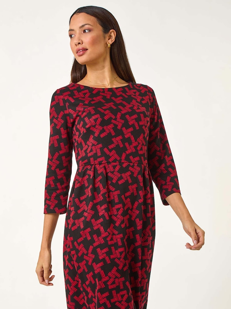Roman Red Geometric Pleated Pocket Shift Dress - Image 1 of 5