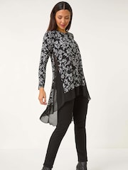 Roman Black Floral Print Puff Chiffon Hem Top - Image 1 of 5