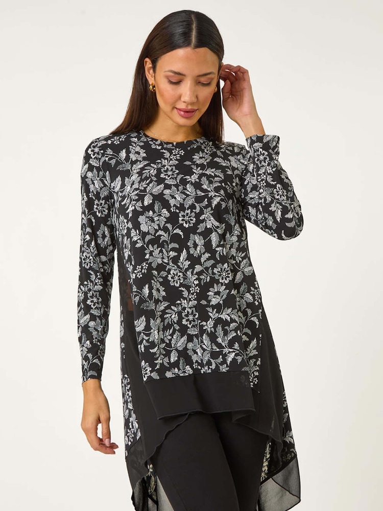 Roman Black Floral Print Puff Chiffon Hem Top - Image 2 of 5