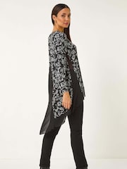 Roman Black Floral Print Puff Chiffon Hem Top - Image 3 of 5