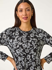 Roman Black Floral Print Puff Chiffon Hem Top - Image 4 of 5