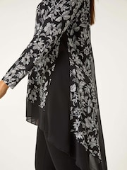 Roman Black Floral Print Puff Chiffon Hem Top - Image 5 of 5