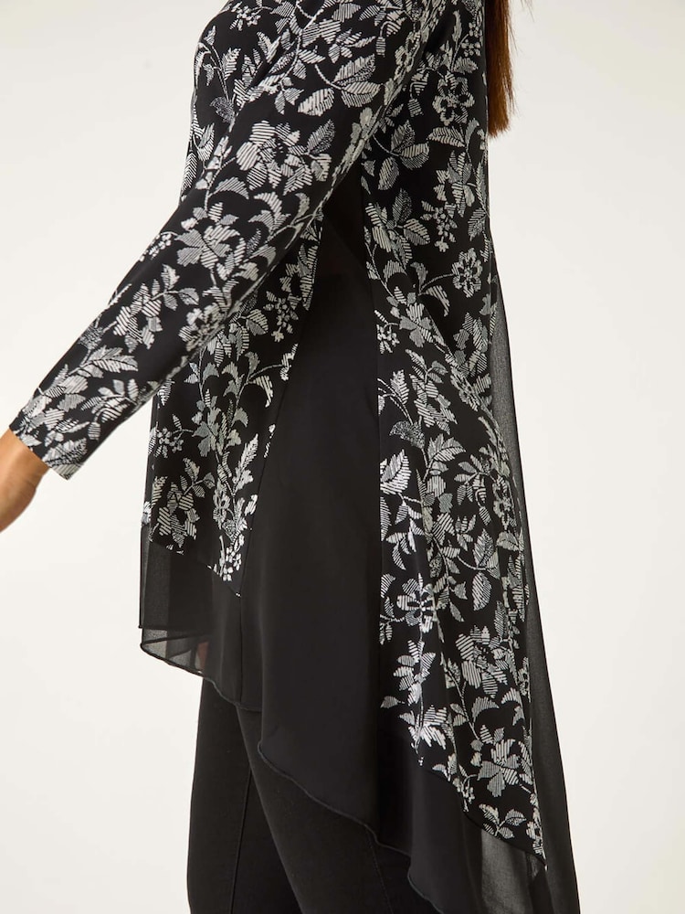Roman Black Floral Print Puff Chiffon Hem Top - Image 5 of 5
