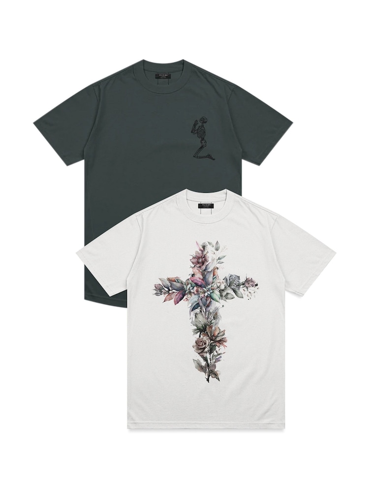 Blanco - Pack de 2 camisetas de algodón 100 % con diseño gráfico de calavera en acuarelas y diseño clásico con emblema de Religion - Imagen 1 de 1
