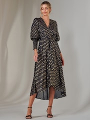 Jolie Moi Blue Metallic Spot Print Puffy Sleeve Maxi Dress - Image 1 of 6