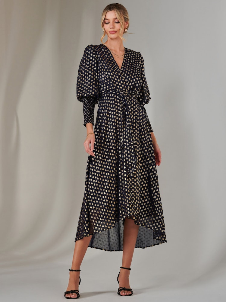 Jolie Moi Blue Metallic Spot Print Puffy Sleeve Maxi Dress - Image 1 of 6