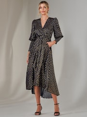 Jolie Moi Blue Metallic Spot Print Puffy Sleeve Maxi Dress - Image 4 of 6