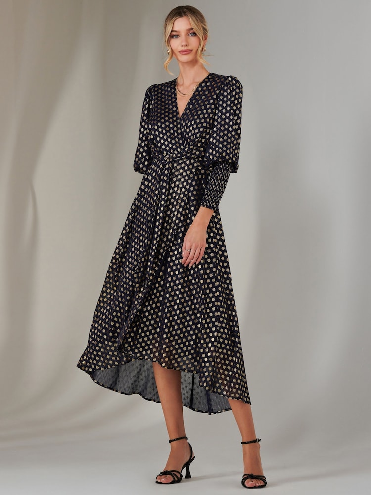 Jolie Moi Blue Metallic Spot Print Puffy Sleeve Maxi Dress - Image 6 of 6