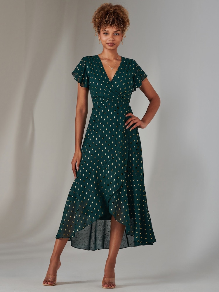 Jolie Moi Green Metallic Spot Textured Chiffon Maxi Dress - Image 6 of 6