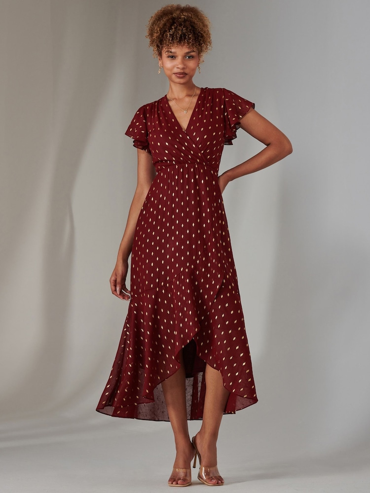 Jolie Moi Red Metallic Spot Textured Chiffon Maxi Dress - Image 1 of 6