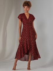 Jolie Moi Red Metallic Spot Textured Chiffon Maxi Dress - Image 5 of 6