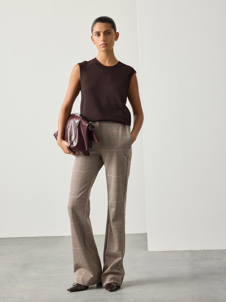 Brown Check Ponte Flared Trousers - Image 1 of 8 Brown Check Ponte Flared Trousers - Image 1 of 8