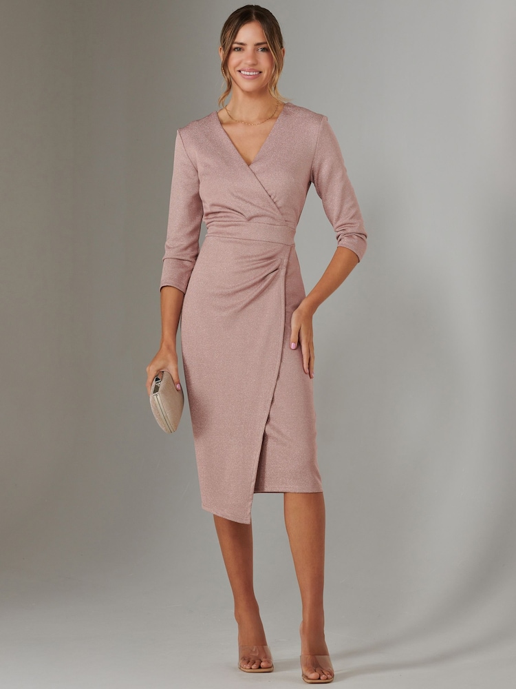 Jolie Moi Pink Metallic Wrap Bodycon Dress - Image 1 of 6