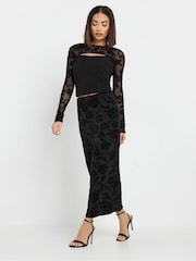 PixieGirl Petite Black Velevet Rose Detailed Skirt - Image 1 of 6