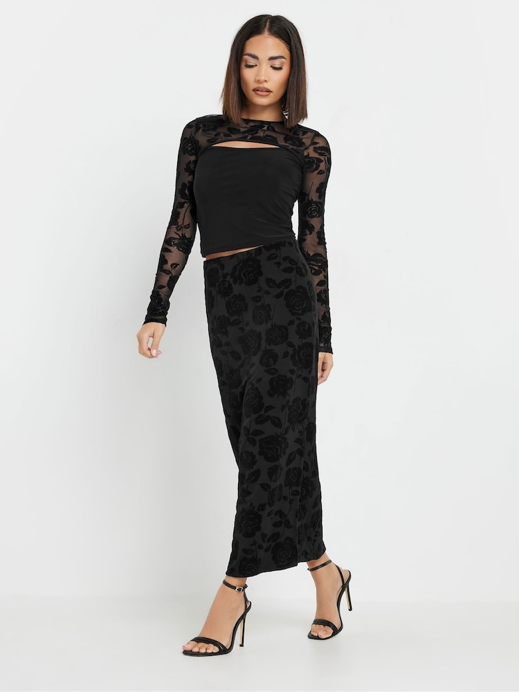PixieGirl Petite Black Velevet Rose Detailed Skirt - Image 1 of 6