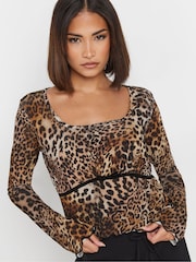 PixieGirl Petite Brown Leopard Print Long Sleeve Top - Image 4 of 5