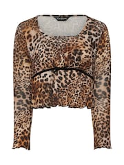 PixieGirl Petite Brown Leopard Print Long Sleeve Top - Image 5 of 5