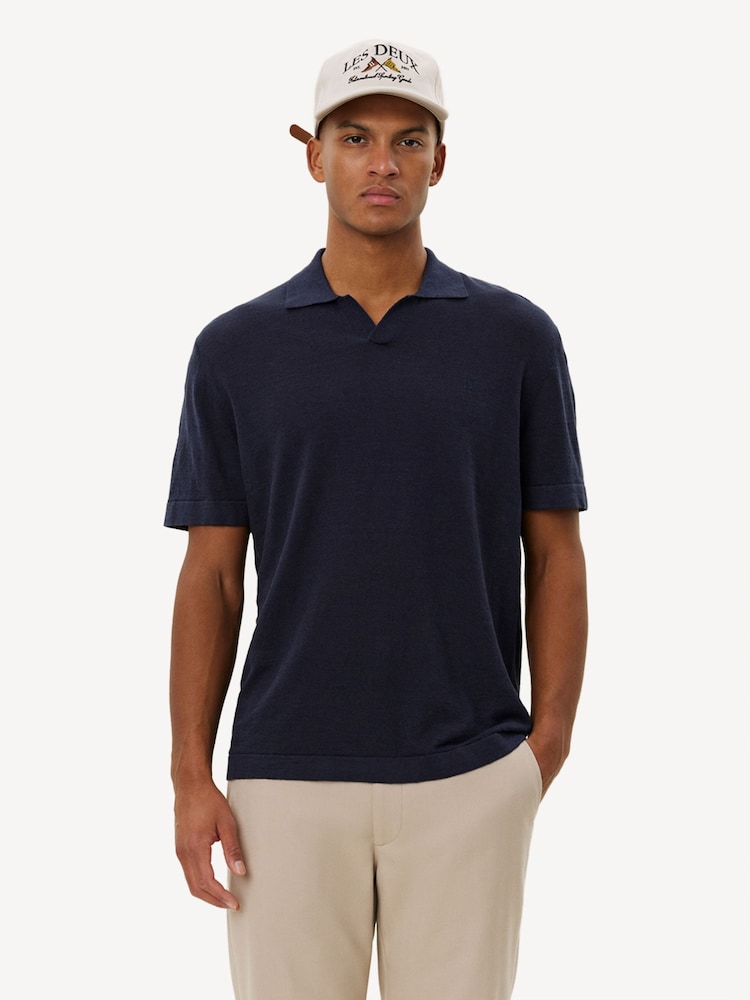 Les Deux Blue Emmanuel Open Collar Knit Polo Shirt - Image 1 of 5