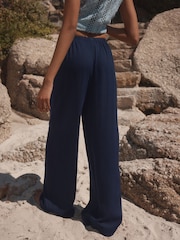 Navy Solid Wide Leg Trousers with Linen - Image 4 of 8