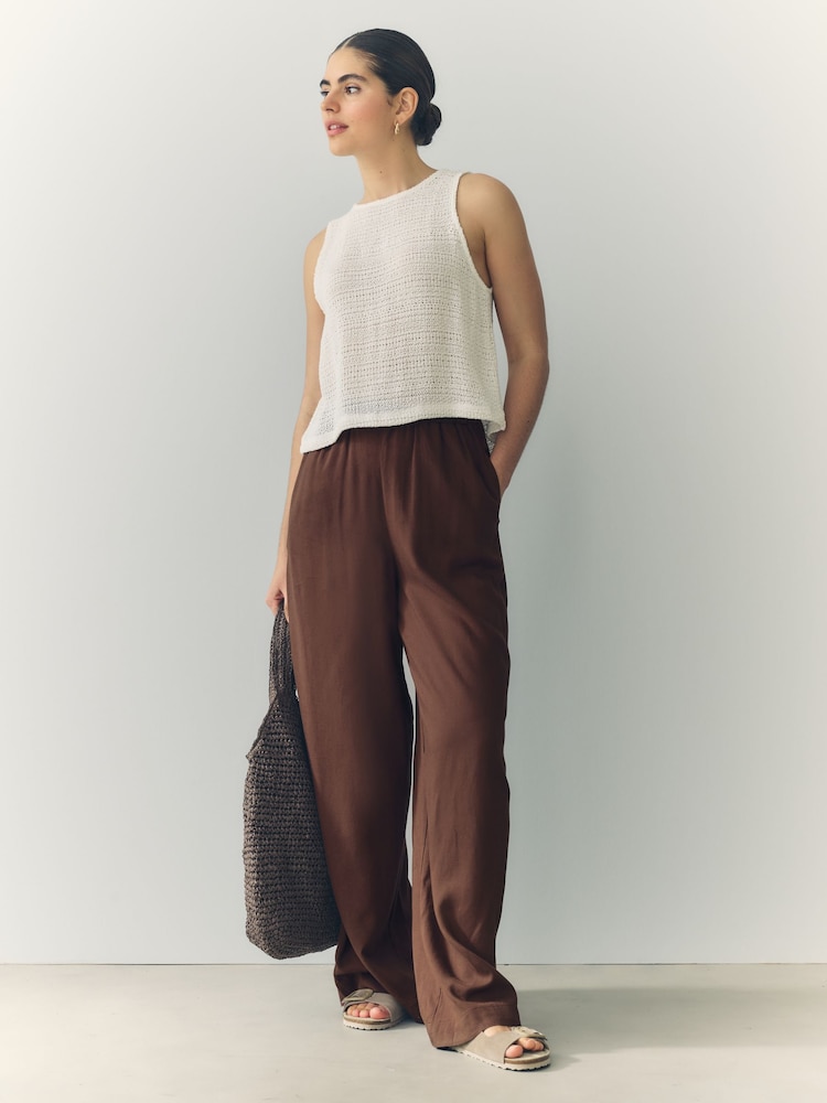 Chocolate Brown Wide Leg Trousers with Linen - Image 1 of 8