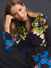 Black Floral Placement Print Slim Fit Long Sleeve Shirt - Image 1 of 9