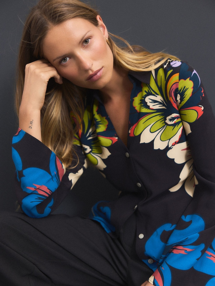Black Floral Placement Print Slim Fit Long Sleeve Shirt - Image 1 of 9