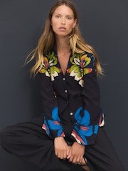 Black Floral Placement Print Slim Fit Long Sleeve Shirt - Image 2 of 9