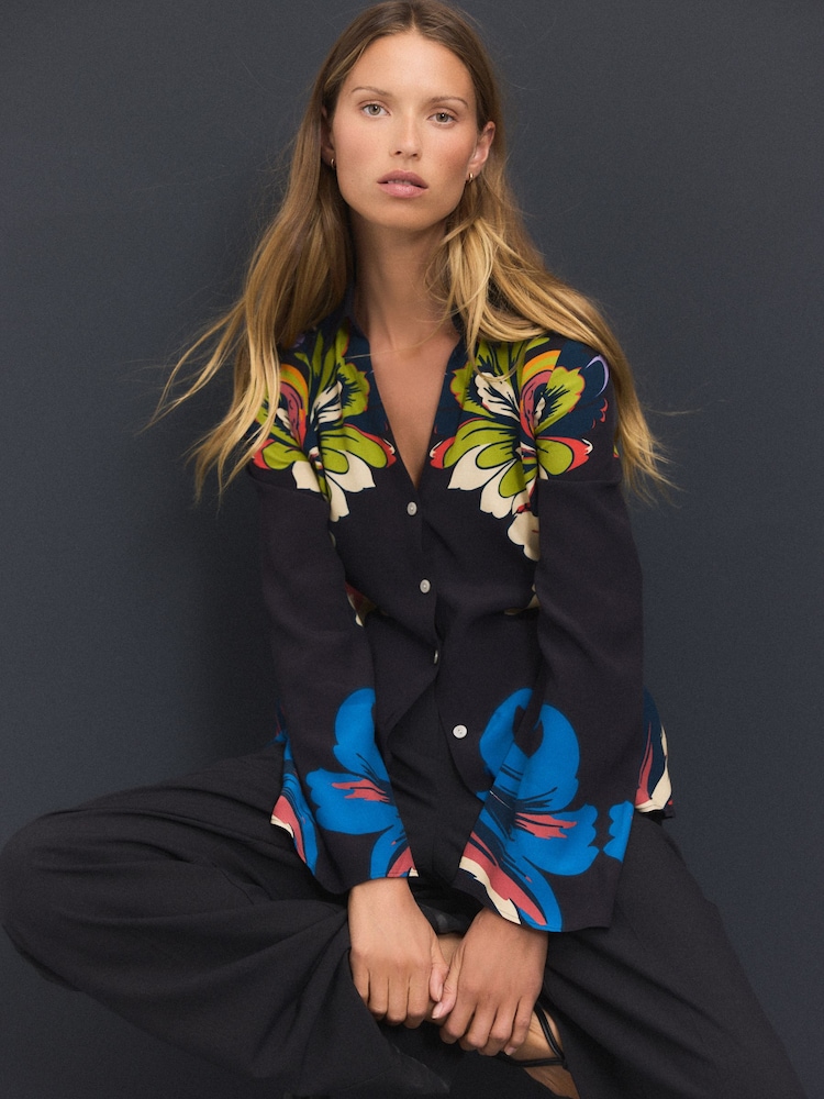 Black Floral Placement Print Slim Fit Long Sleeve Shirt - Image 2 of 9 Black Floral Placement Print Slim Fit Long Sleeve Shirt - Image 2 of 9