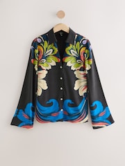 Black Floral Placement Print Slim Fit Long Sleeve Shirt - Image 6 of 9
