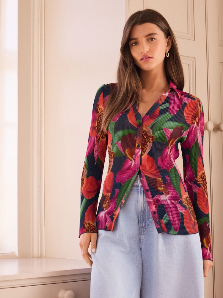 Kew Collection Multicoloured Floral Print Pleated Long Sleeve Fitted Shirt - Image 2 of 8