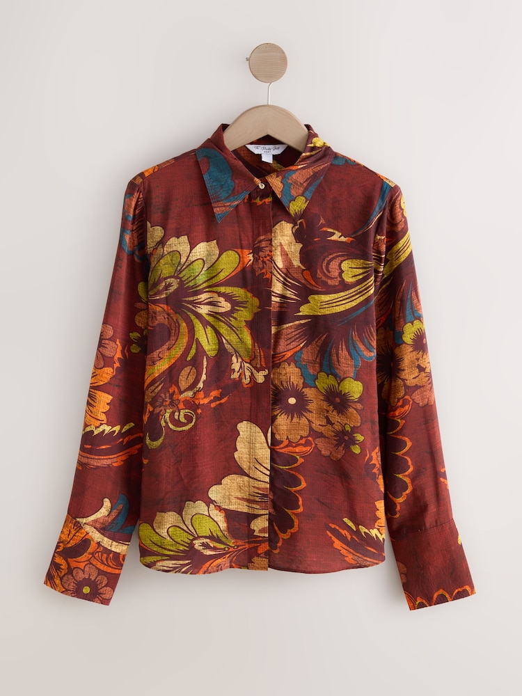 Wine Floral Print Long Sleeve Button Down Shirt - Image 1 of 3 Wine Floral Print Long Sleeve Button Down Shirt - Image 1 of 3