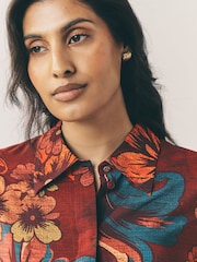 Wine Floral Print Long Sleeve Button Down Shirt - Image 4 of 8